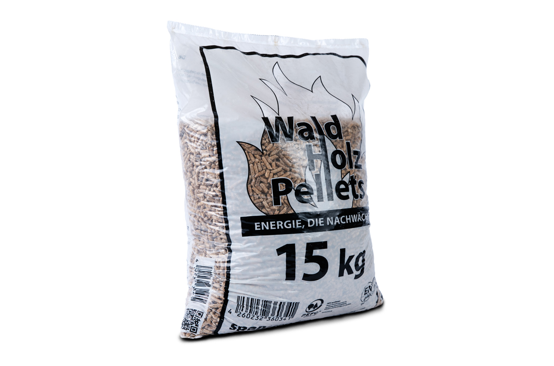 15-kg-Beutel weiß mit Waldholzpellets von seitlich links