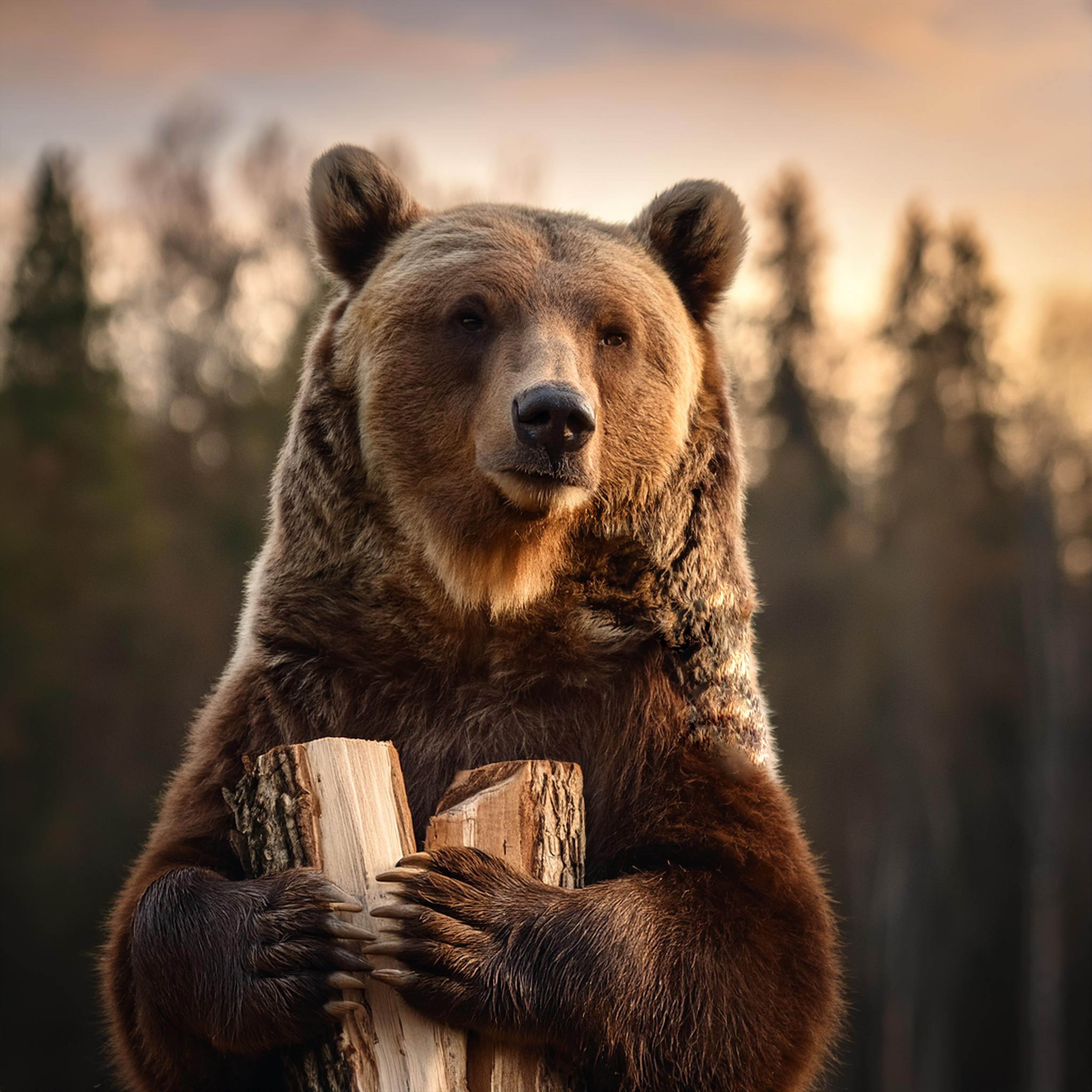 Ein Bär hält Holzscheiten in seinen Tatzen