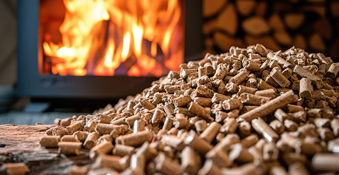 Holzpellets für effizientes Heizen Haufen von Holzpellets vor einem Kaminfeuer