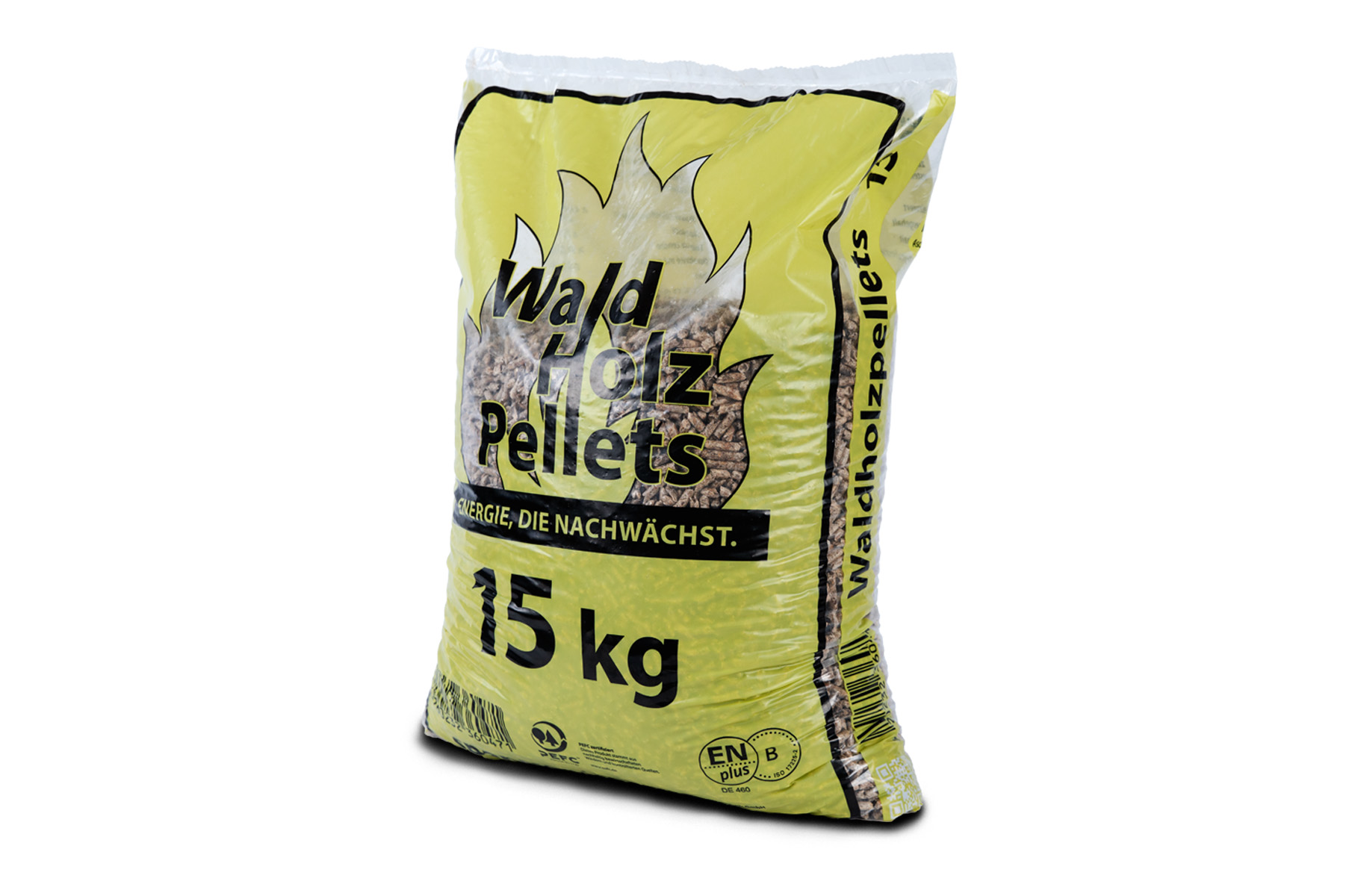15-kg-Beutel gelb mit Waldholzpellets seitlich links