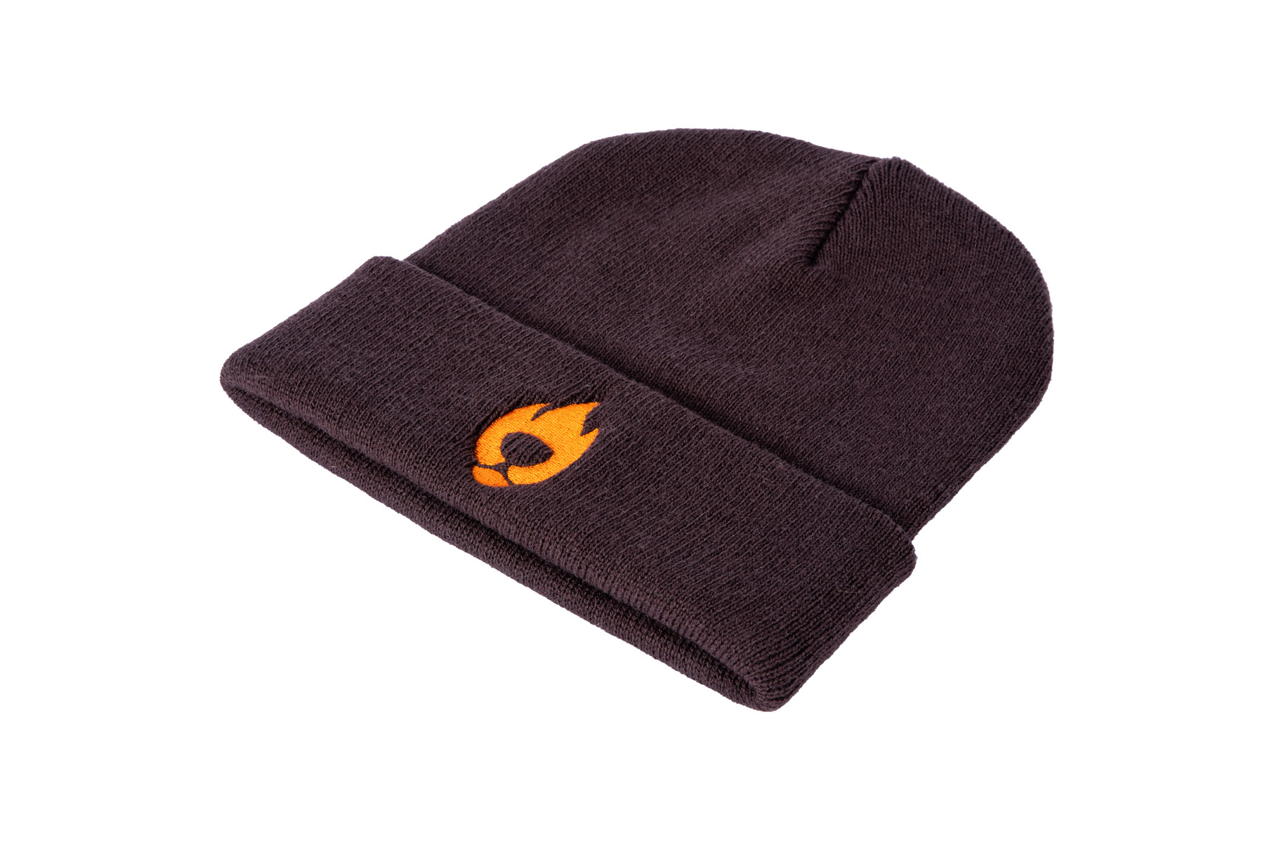 Braune Wintermütze mit orangenem Brennbär logo