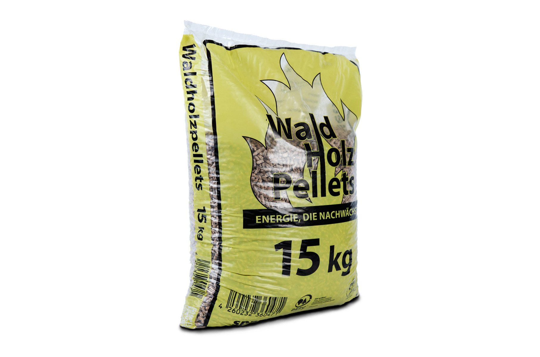 15-kg-Beutel gelb mit Waldholzpellets seitlich rechts