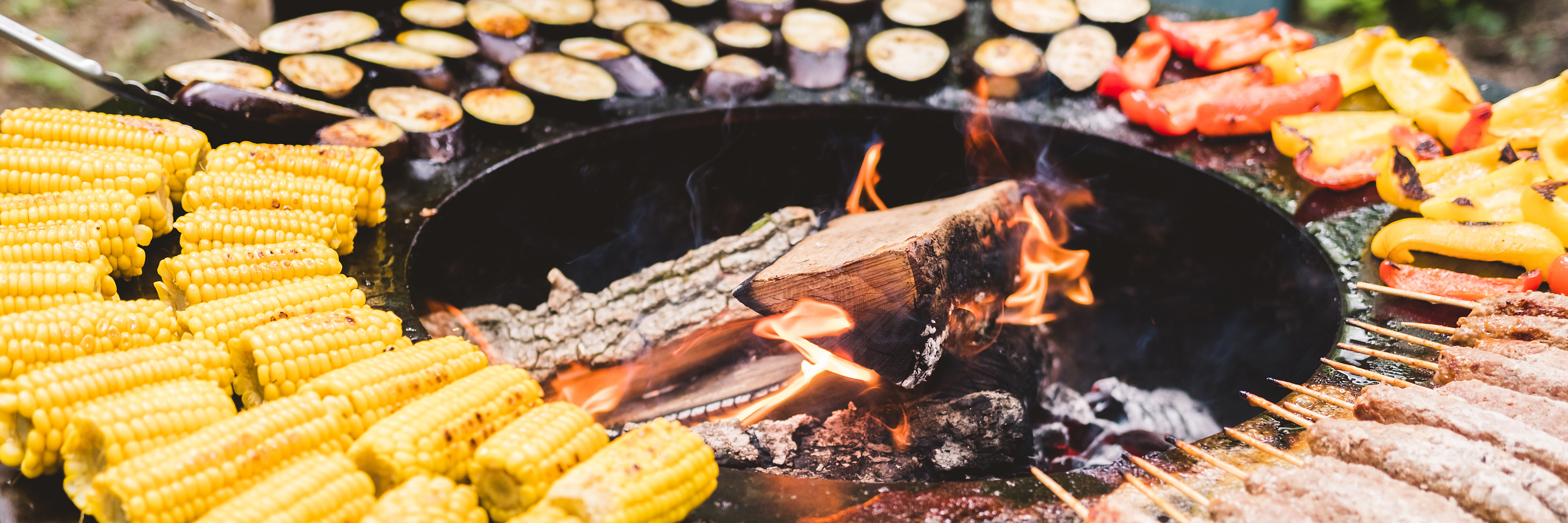Grillen mit Holzfeuer Verschiedenes Gemüse wird über einem Holzfeuer gegrillt