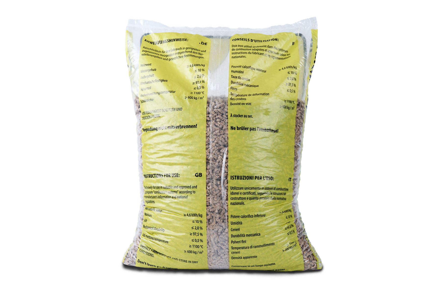 15-kg-Beutel gelb mit Waldholzpellets von hinten