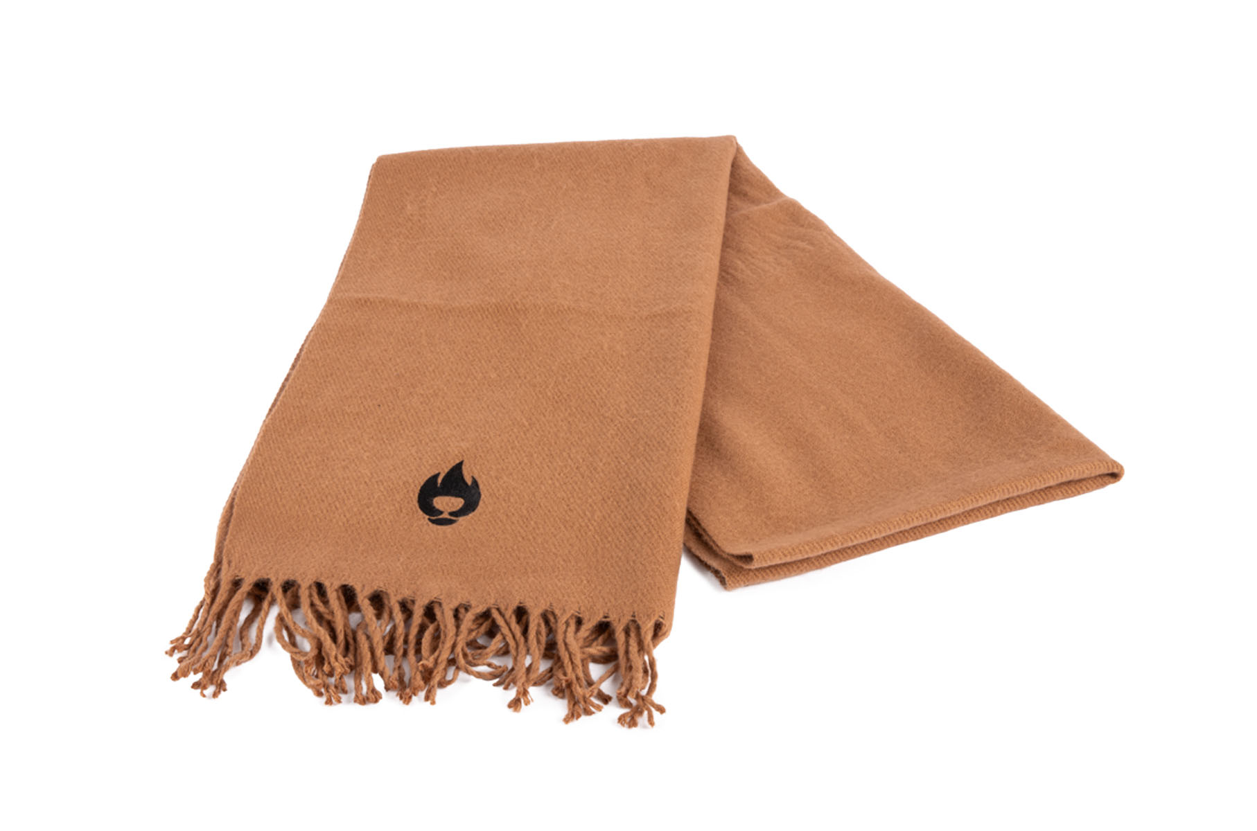 Brauner Strickschal mit Brennbär-Logo überkreuzt zusammengelegt