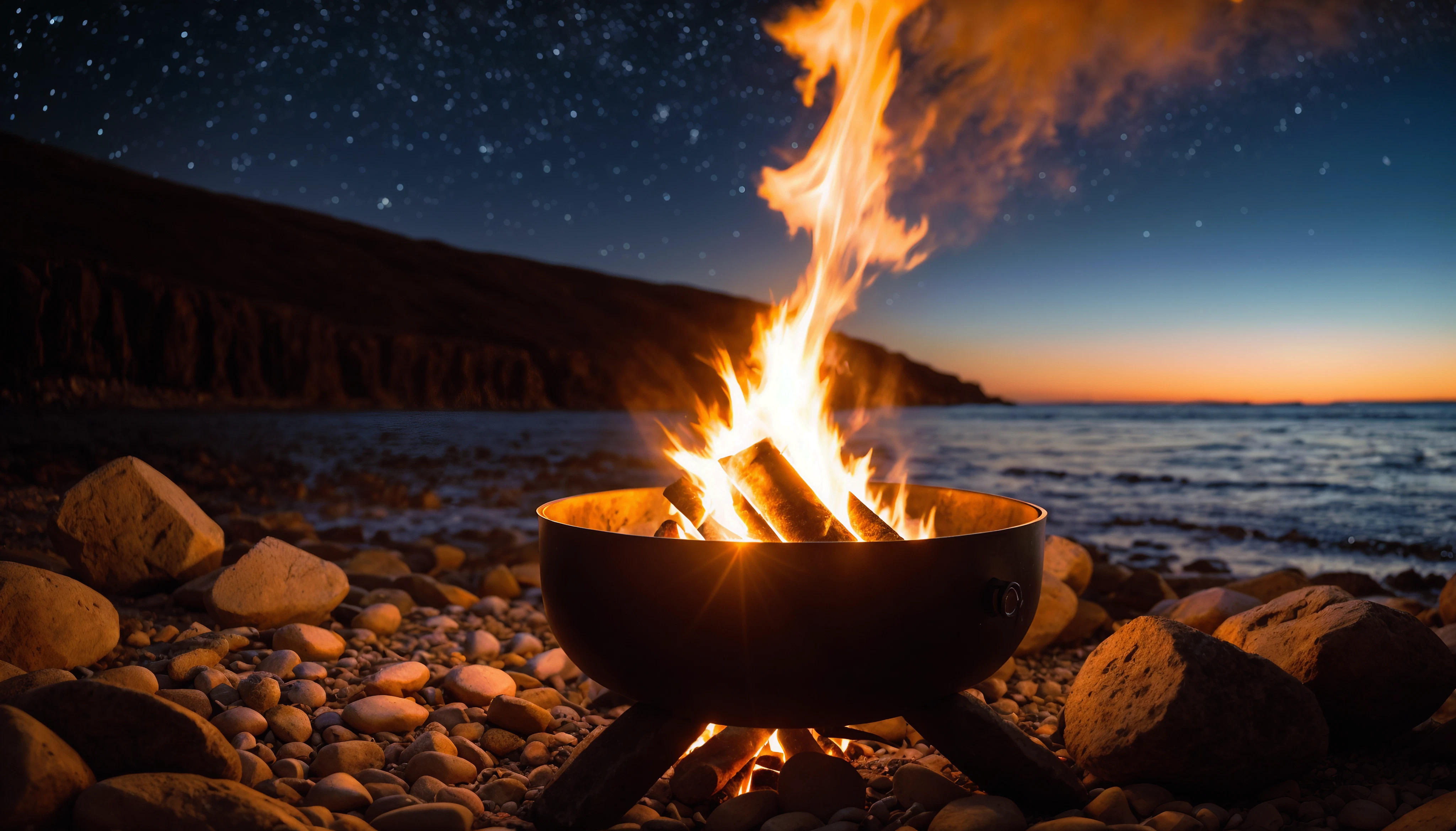 Tipps für das perfekte Lagerfeuer Lagerfeuer in einem Feuerkorb am Strand bei Nacht.